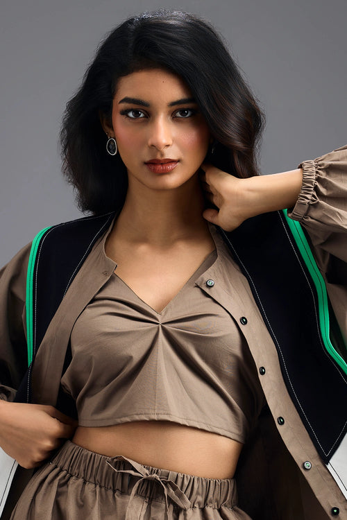 Mud Shirt and Bralette with Neon Geometric Panel
