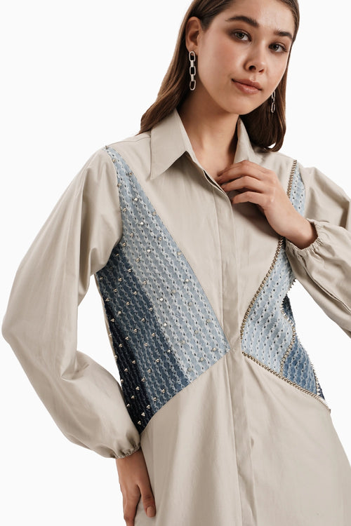 Taupe Cotton 3 Panel Denim Shirt Dress