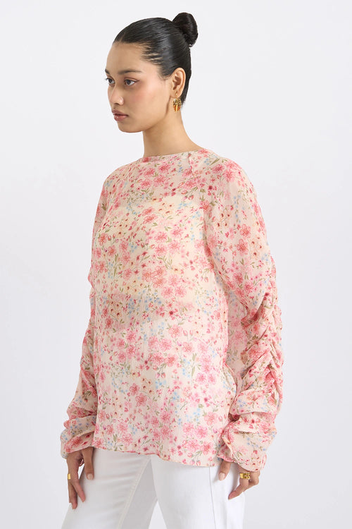 Blush Ruched-Sleeve Organza Top