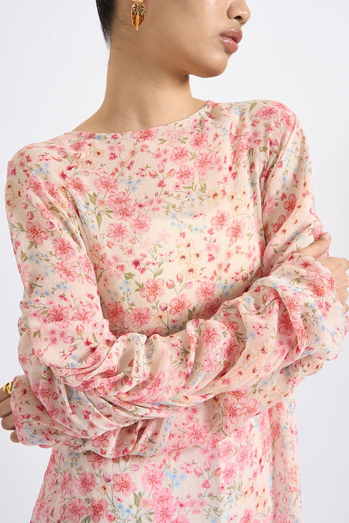 Blush Ruched-Sleeve Organza Top