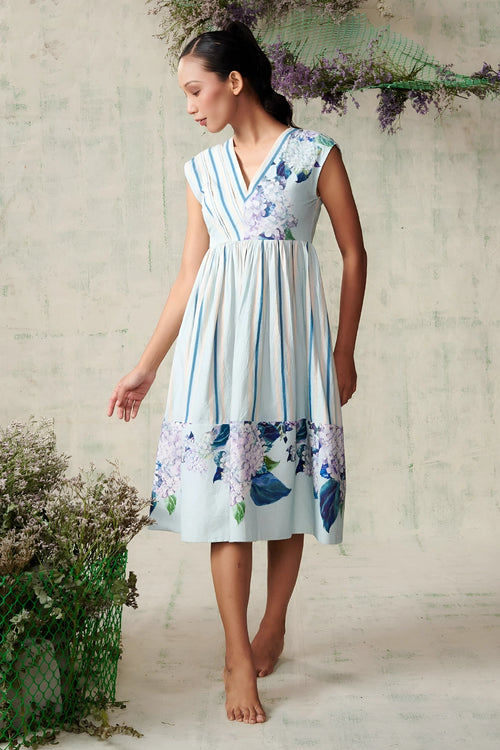 Sky Blue Striped Hydrangea Dress