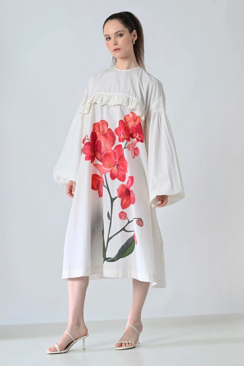 Ivory Orchid Printed Statement Shirt Dress