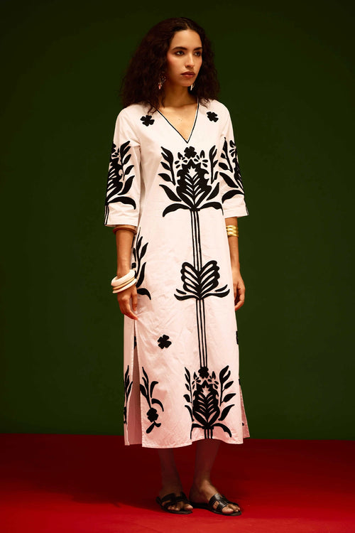 Ivory Cotton Maxi Dress with Tulip Thread Embroidery