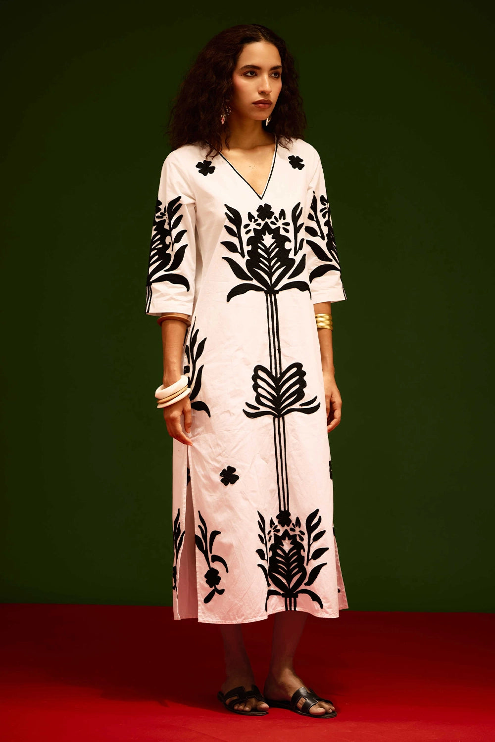 Ivory Cotton Maxi Dress with Tulip Thread Embroidery