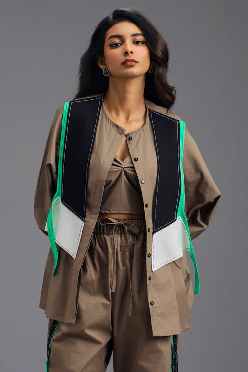Mud Shirt and Bralette with Neon Geometric Panel