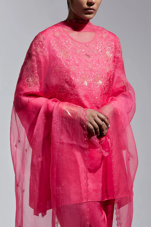 Raspberry Floral Lace Organza Dupatta