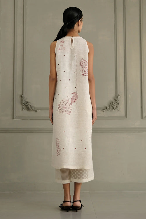 Ivory Block Print Linen Tunic And Flared Pants Set