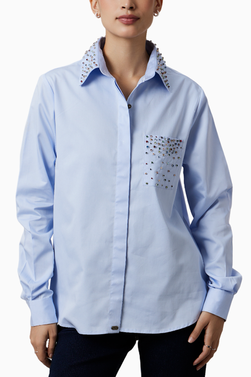 Sky Blue Multicolor Swarovski Studs Full Sleeve Shirt