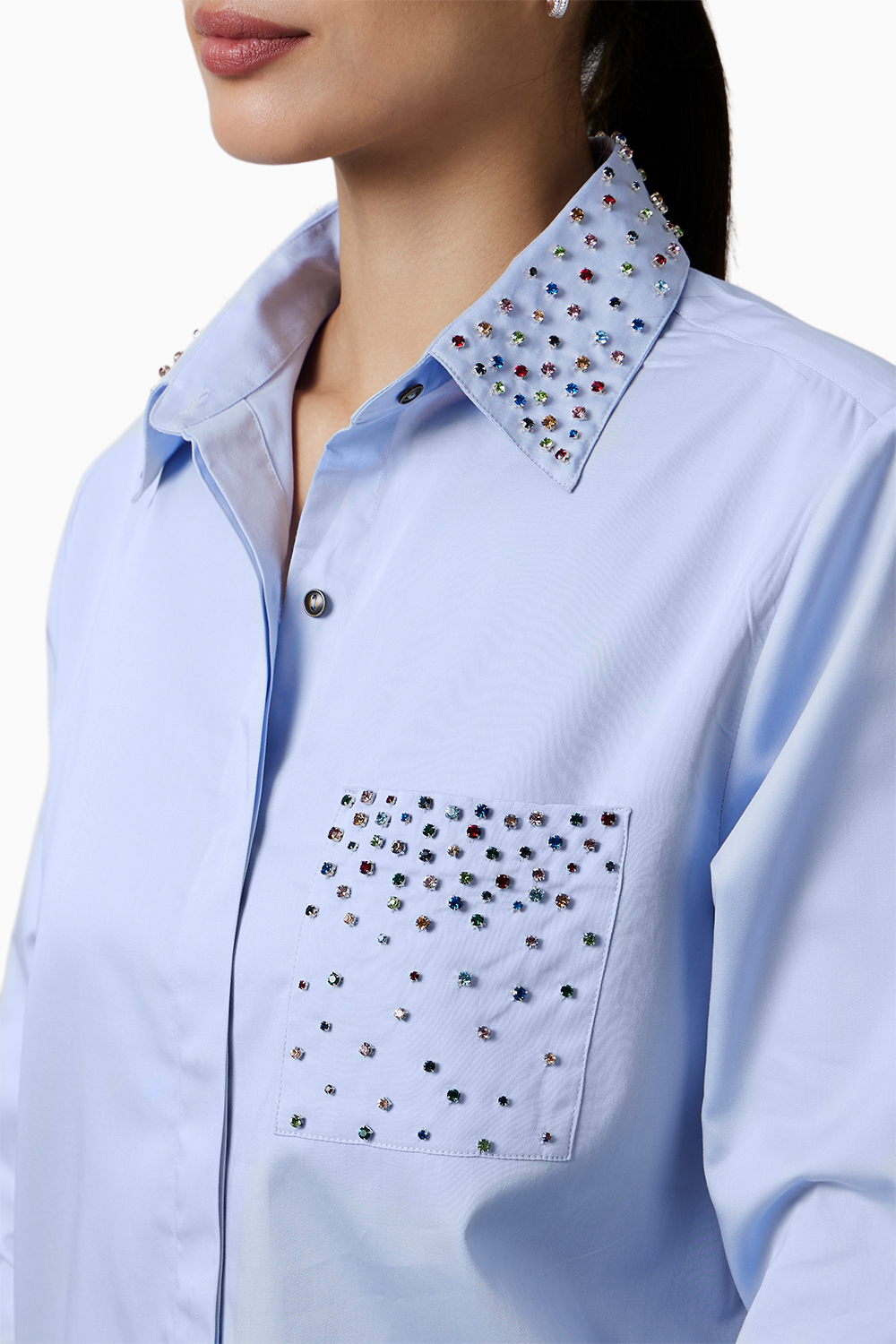 Sky Blue Pearl Collar Pocket Shirt