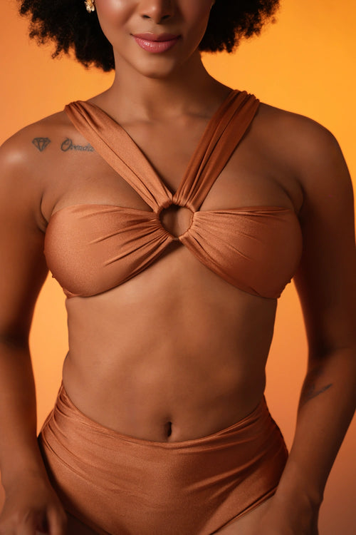 Golden Hour Ruched Bikini Set with High-Waist Bottoms
