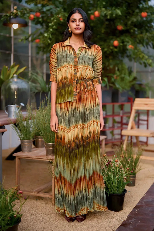 Pleated Multi Tie Dye Shirt and Skirt Set