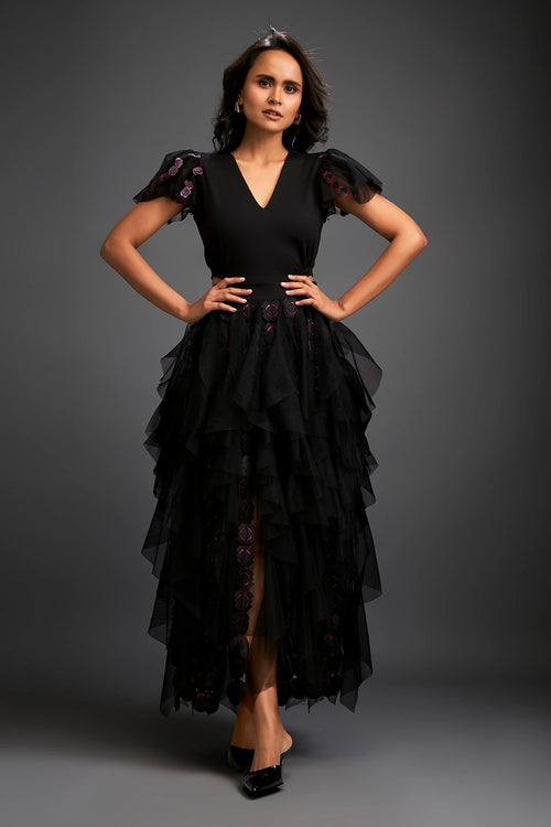 Black Cascading Sheer Skirt With Cutwork