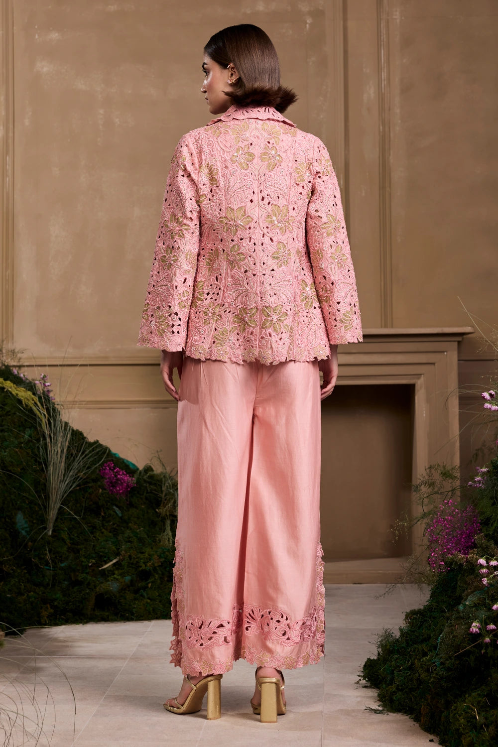 Rose Pink Bubble Hem Top And Flared Jacket With Pant