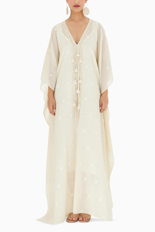 Cream Hand woven Polka Dot Jamdani Kaftan Dress