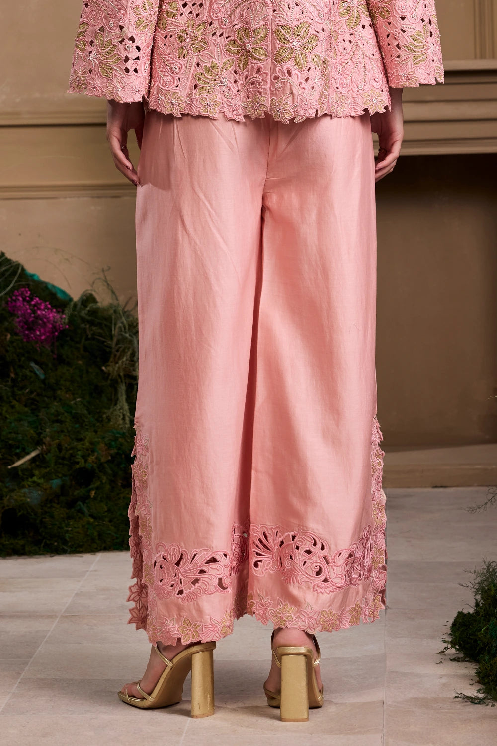 Rose Pink Metallic Applique And Cutwork Pants