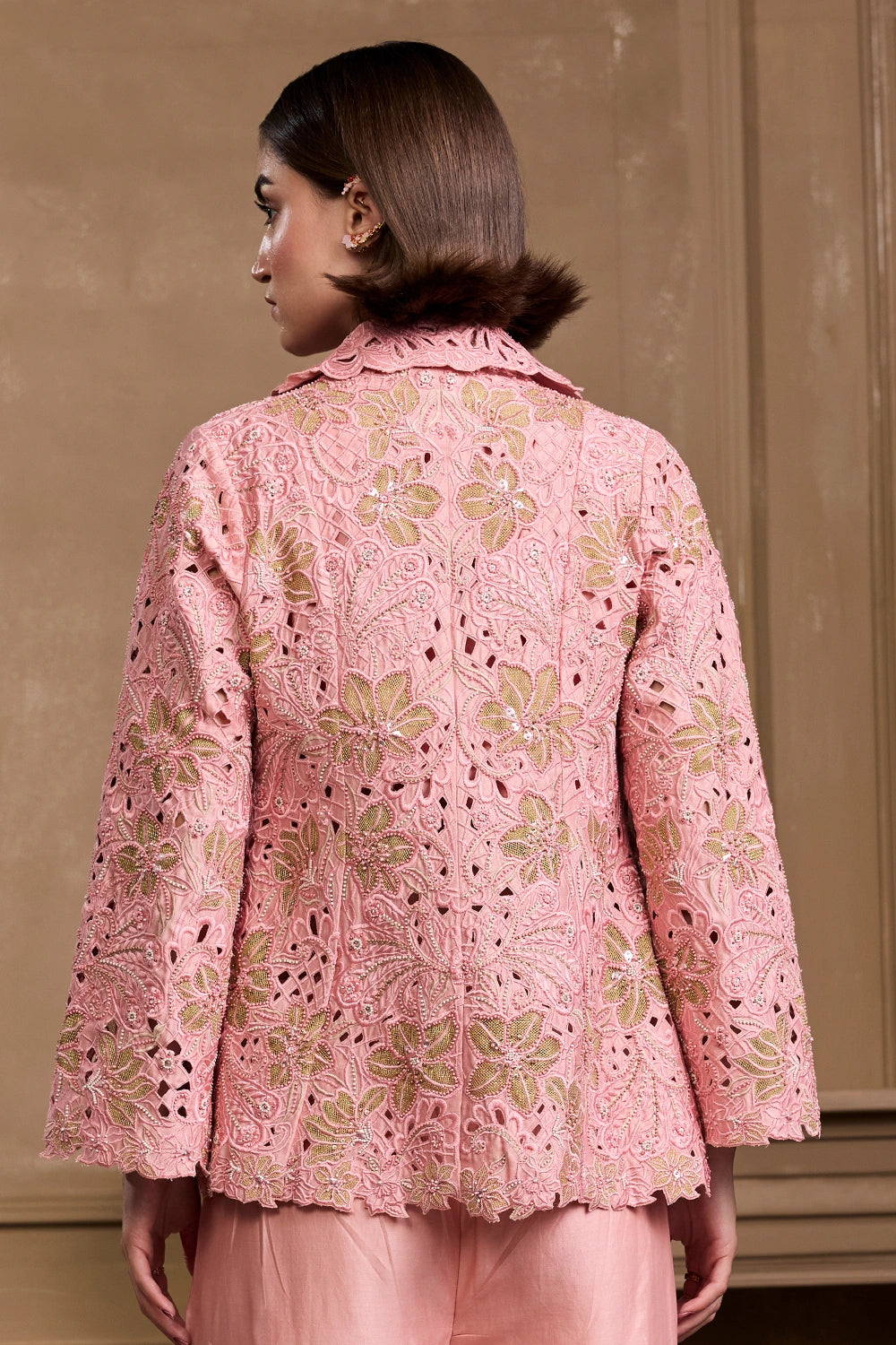 Rose Pink Metallic Applique And Cutwork Flared Jacket