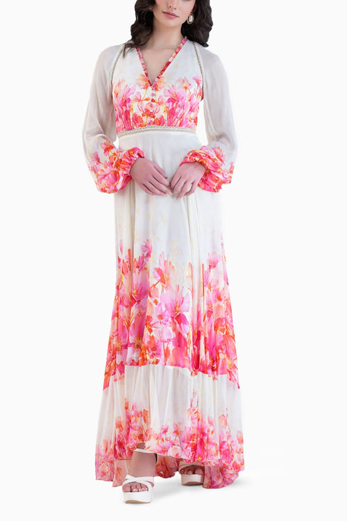 Red Bauhinia Printed Long Dress With V-
Neckline