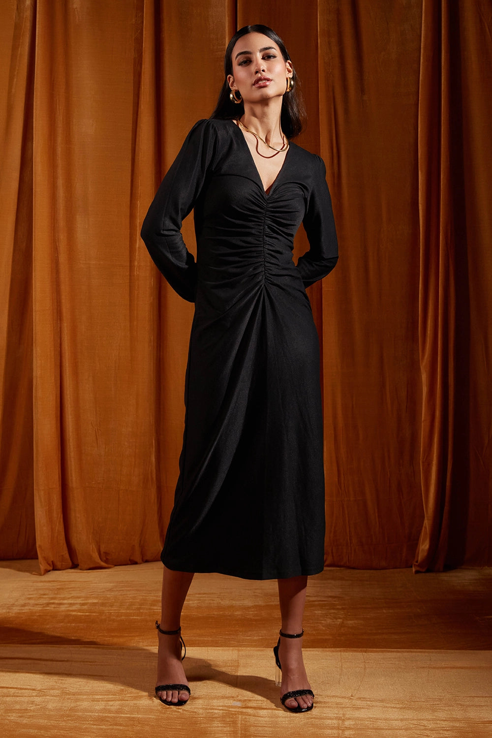 Black Ruched Full Sleeve Midi Dress