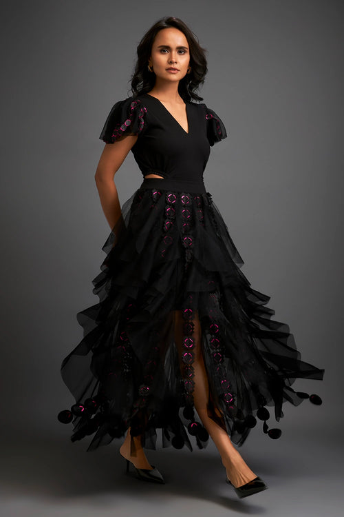 Black Cascading Sheer Skirt With Cutwork