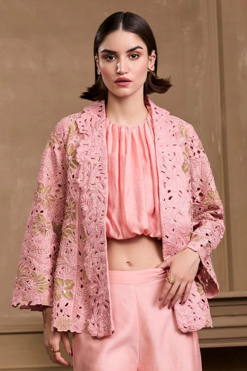 Rose Pink Metallic Applique And Cutwork Flared Jacket