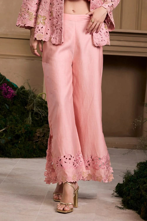 Rose Pink Metallic Applique And Cutwork Pants
