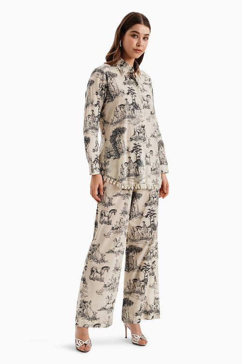 Cotton Lawn Printed Noble Ground Shirt with Pants Set With Pearls