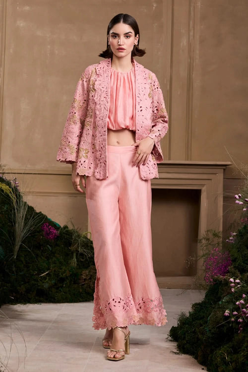 Rose Pink Bubble Hem Top And Flared Jacket With Pant
