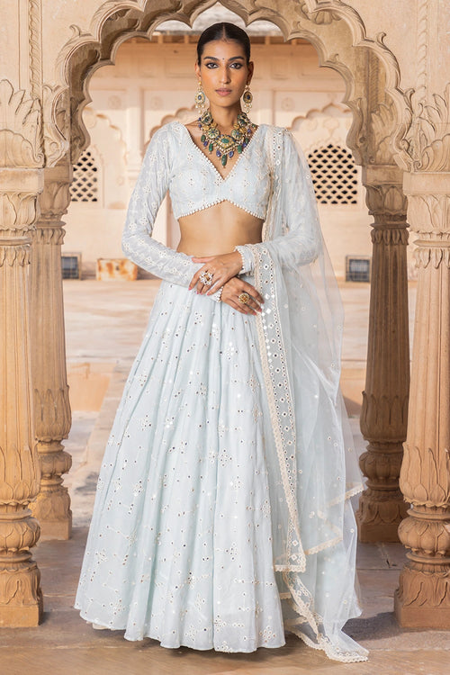 Ice Blue SK-BK Lehenga with Embroidered Dupatta