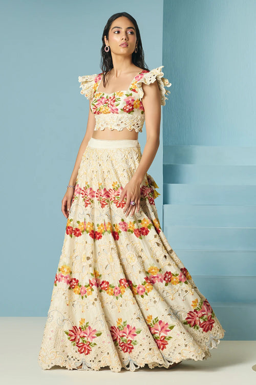 Ivory Cutwork And Beadwork Bustier With Lehenga