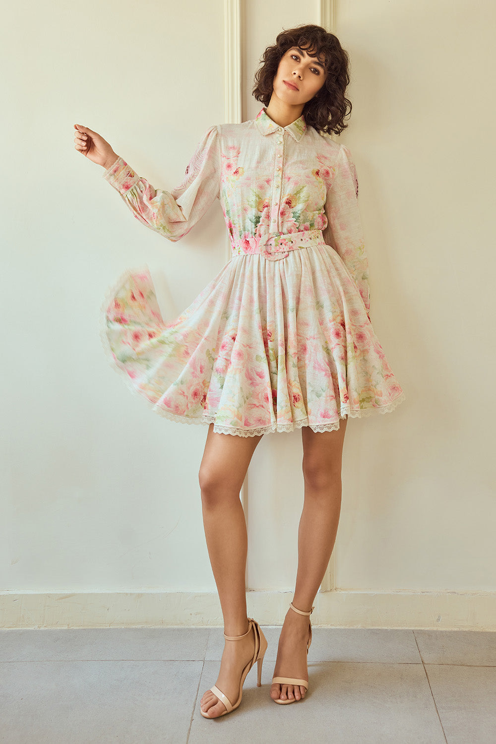 Flower Printed Collared Short Dress