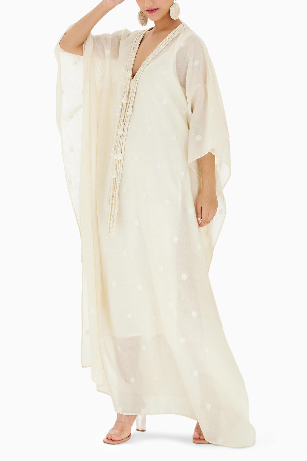 Cream Hand woven Polka Dot Jamdani Kaftan Dress