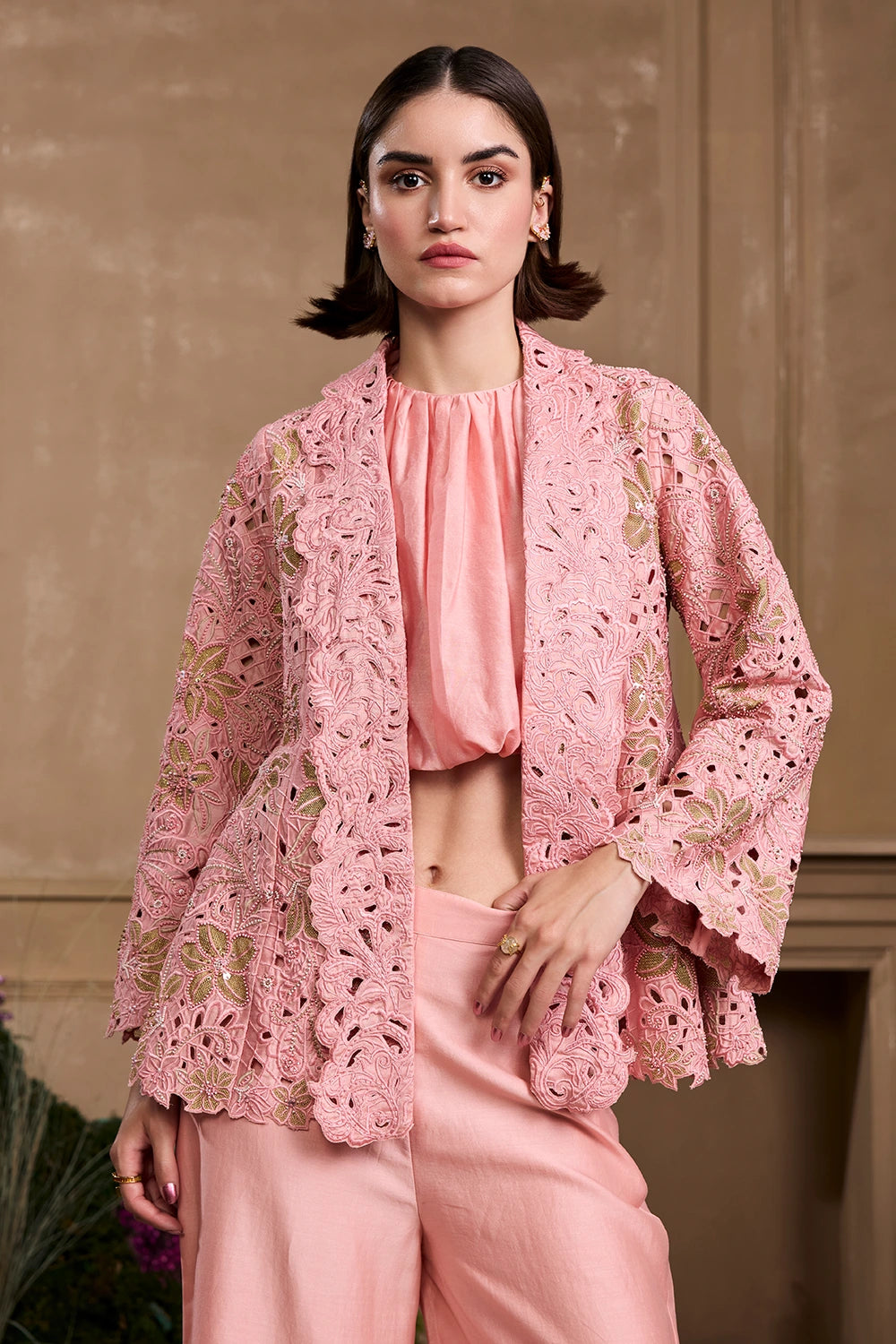 Rose Pink Bubble Hem Top And Flared Jacket With Pant