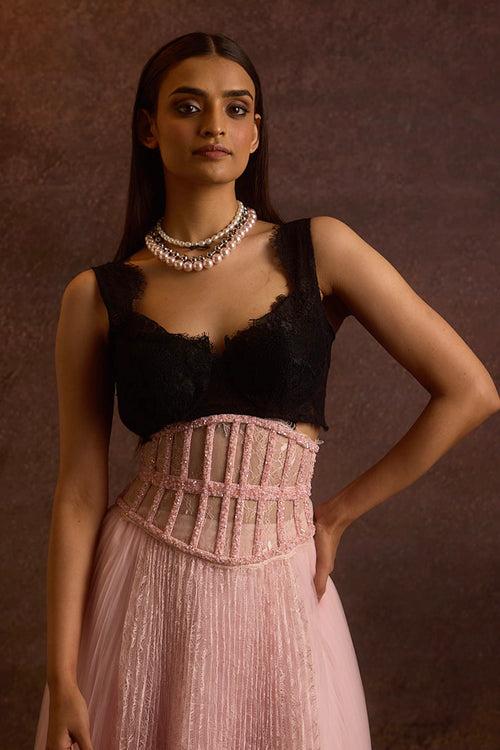 Mihira Black Lace Bralette, Embellished Corset With Tulle-Lace Midi Skirt