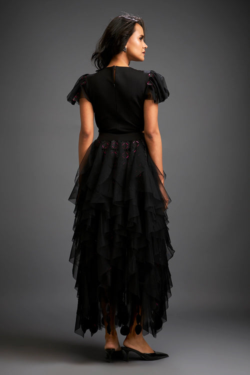 Black Cascading Sheer Skirt With Cutwork
