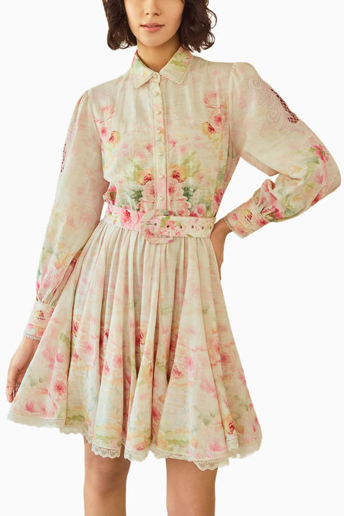 Flower Printed Collared Short Dress