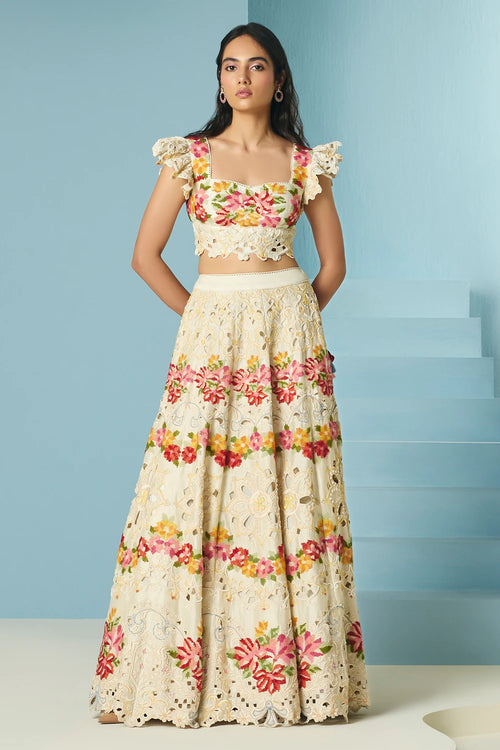 Ivory Cutwork And Beadwork Bustier With Lehenga