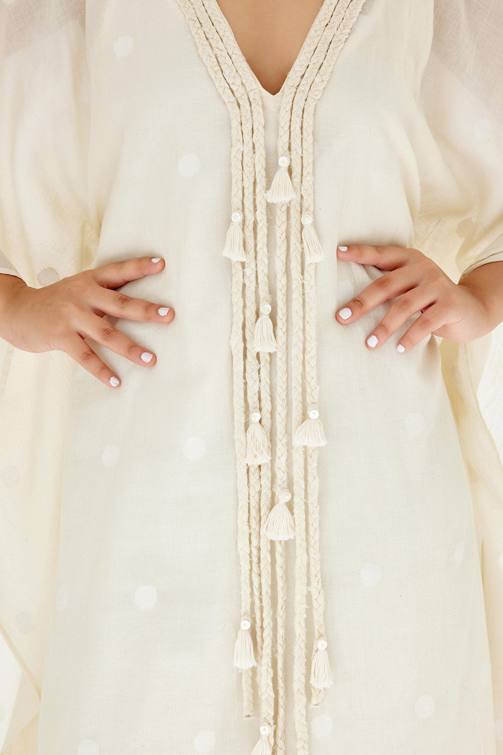 Cream Hand woven Polka Dot Jamdani Kaftan Dress