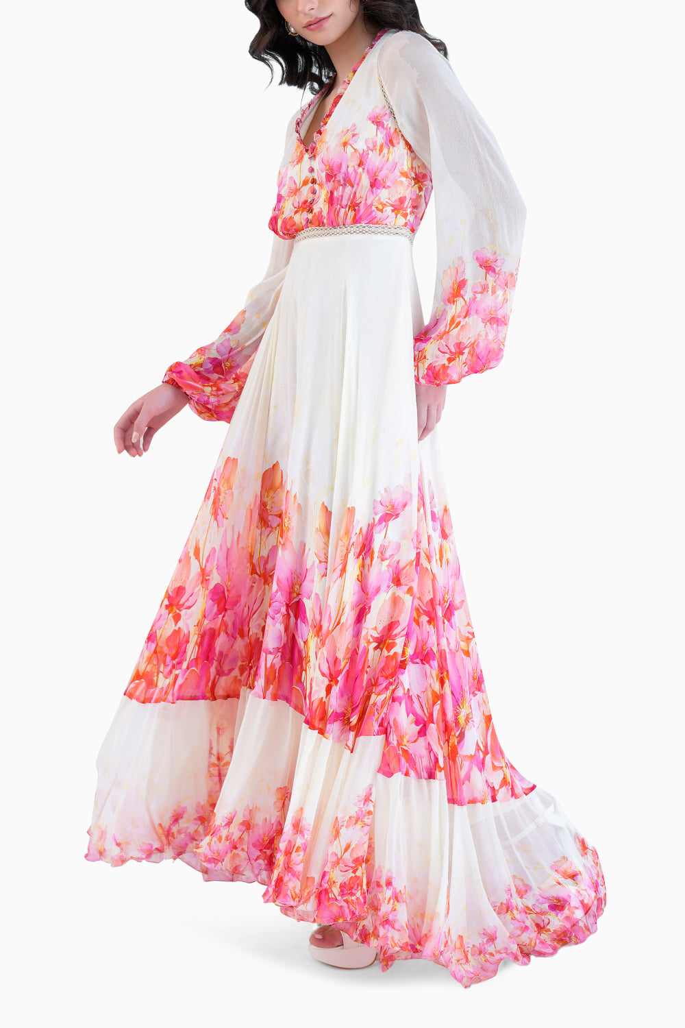 Red Bauhinia Printed Long Dress With V-
Neckline