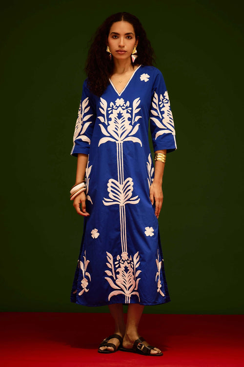 Blue Cotton Maxi Dress with Tulip Thread Embroidery