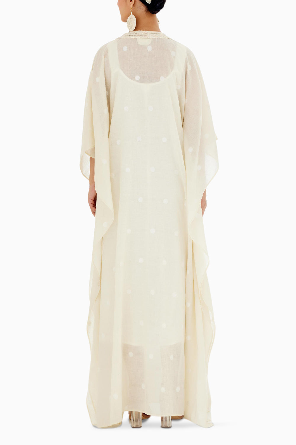 Cream Hand woven Polka Dot Jamdani Kaftan Dress