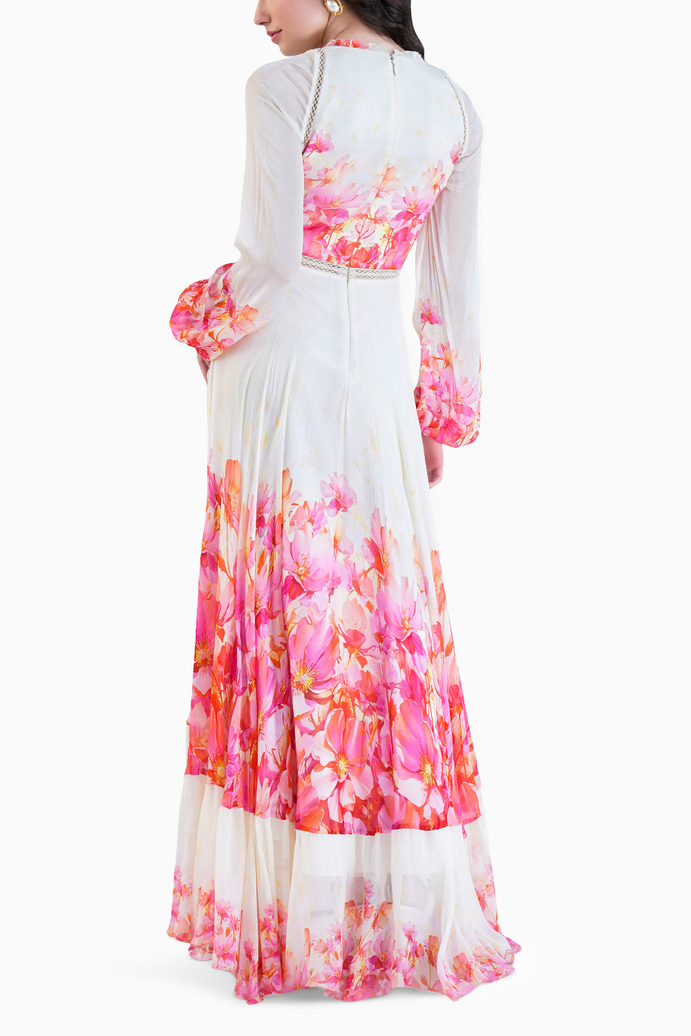 Red Bauhinia Printed Long Dress With V-
Neckline