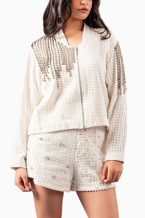 White Denim Lazercut Embellished Jacket With White Denim Lazercut Shorts