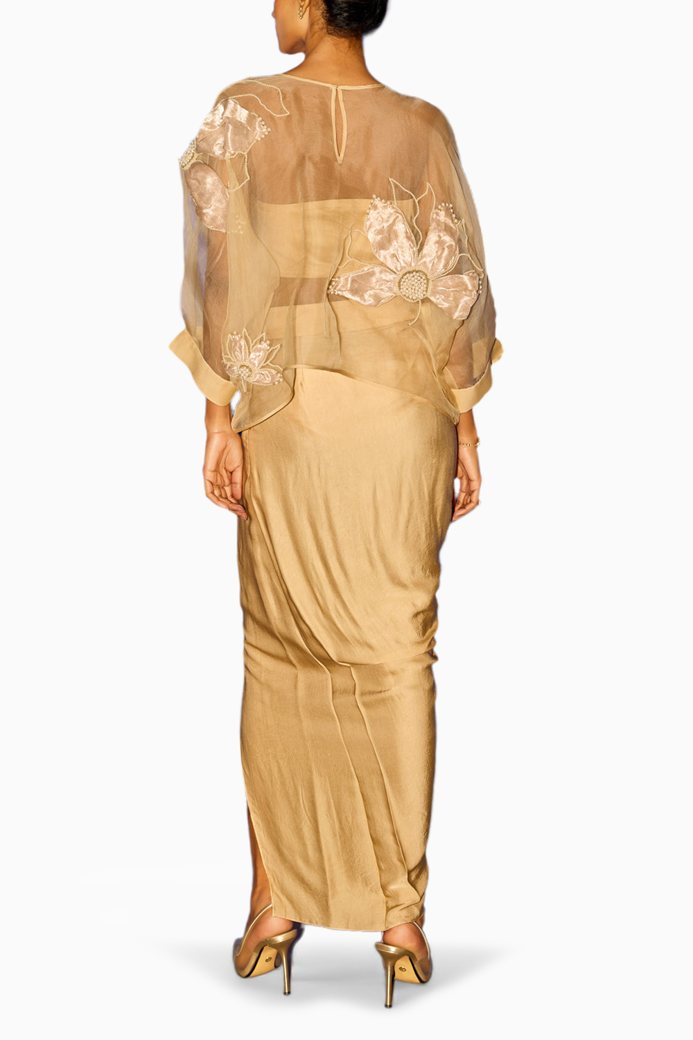 Embroidered Organza Kaftan with Bandeau and Dhoti Skirt