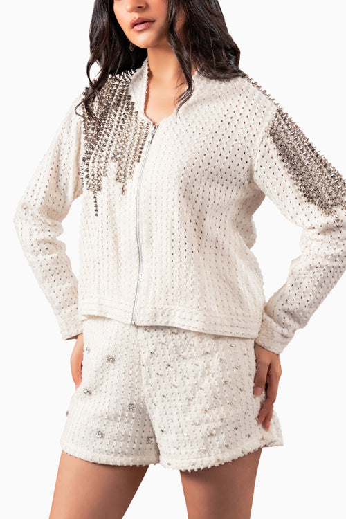 White Denim Lazercut Embellished Jacket With White Denim Lazercut Shorts