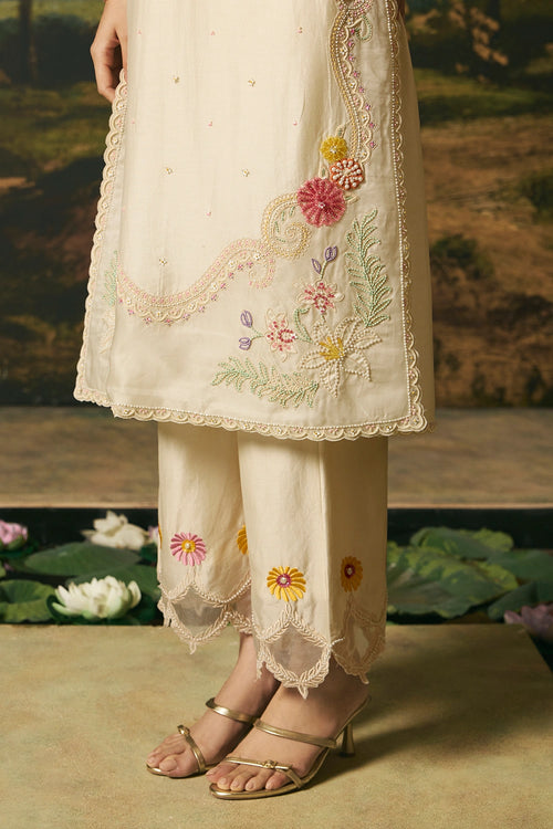 Ivory Beadwork Panelled Kurta With Pants