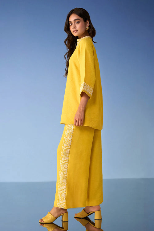 Embroidered Linen-Textured Pant