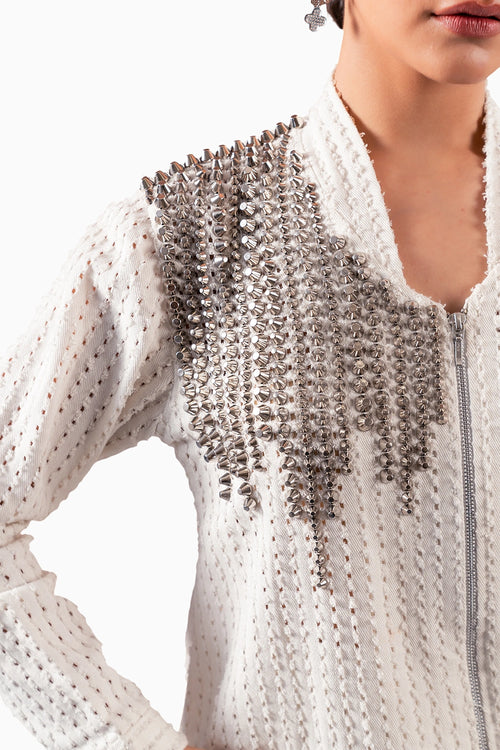 White Denim Lazercut Embellished Jacket