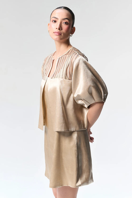 Champagne Mini Dress with Bubble Sleeve Crop Jacket