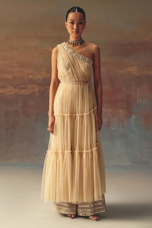 Watery Peach One Shoulder Anarkali Dress and Palazzos with Mirrorwork