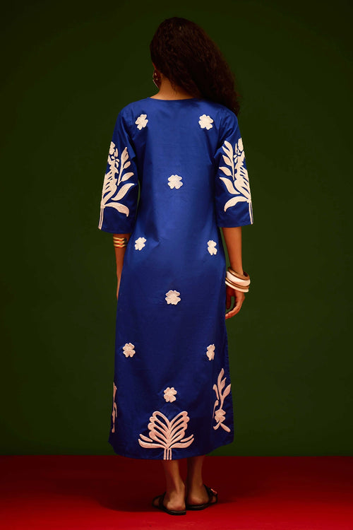 Blue Cotton Maxi Dress with Tulip Thread Embroidery
